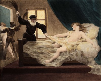 En man som piskar en ung flicka som ertappats i sängen på oskuldsdagen. Pantagruel. Illustrerad av Jules Garnier. I "Rabelais och Jules Oeuvre" av Jules Arsene Garnier