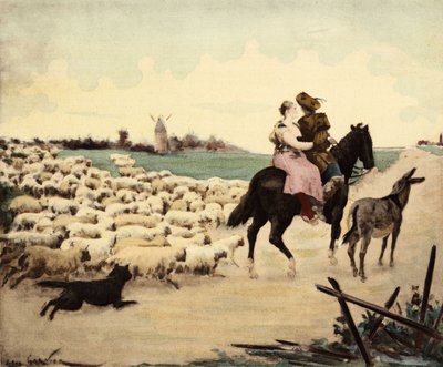En herrgård och en herde på en häst. En åsna har deras rätt. Fåren och nästa herdes hund. Pantagruel. Illustration av Jules Garnier. I "Rabelais et l