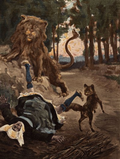 En kvinna som plockar ved i skogen i Bievre skräms av ett lejon och en räv. Pantagruel. Illustration av Jules Garnier. I "Rabelais et l