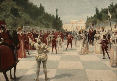 Bal som anordnas av drottningen i form av ett schackspel där bönderna är människor. Kungadömet Entelechie. Pantagruel. illustration av Jules Garnier. I "Rabelais et l