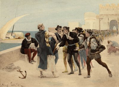 Broder Jean, munk i klostret i Seuille, erbjuder tjugo ecus guld till chiquanous för den som accepterar att bli slagen. Pantagruel. illustration av Jules Garnier. I "Rabelais et l