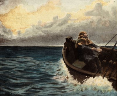 Den egyptiske sjömannen Thamous på sin båt. Pantagruel. Illustration av Jules Garnier. I "Rabelais och Jules Garniers verk". av Jules Arsene Garnier