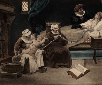 Gargamelle föder Gargantua vid vänster öra. Gargantua. Illustration av Jules Garnier. I "Rabelais et l