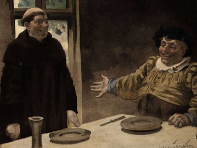 Gargantua bjuder in Frere Jean, munk i klostret Seuille, att dela hans måltid. Gargantua. illustration av Jules Garnier. I "Rabelais och Jules Garniers verk" av Jules Arsene Garnier