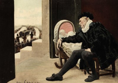 Gargantua vakar över sin son Pantagruel och bevakar begravningen av Badebec, hans hustru. Pantagruel. Illustration av Jules Garnier. I "Rabelais et l