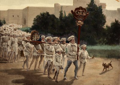 Gastrolater avancerar mot sin gud, Gaster, med massor av offergåvor. I spetsen för kortegen går en man som bär en trästaty med namnet Manduce på toppen av en käpp. Pantagruel. illustration av Jules Garnier. I "Rabelais et l