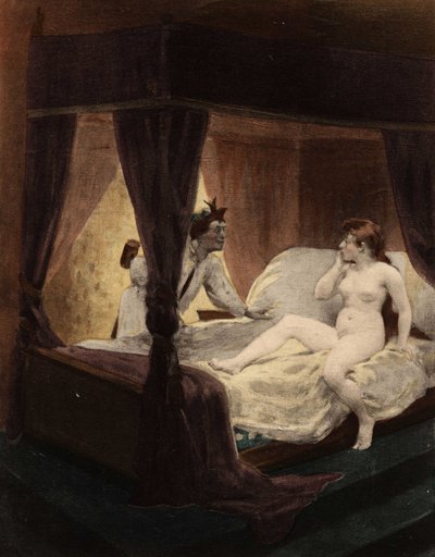 Great Thibeault gömmer en klubba bakom sin rygg. Hans fru ligger på sängen. Pantagruel. Illustration av Jules Garnier. I "Rabelais et l