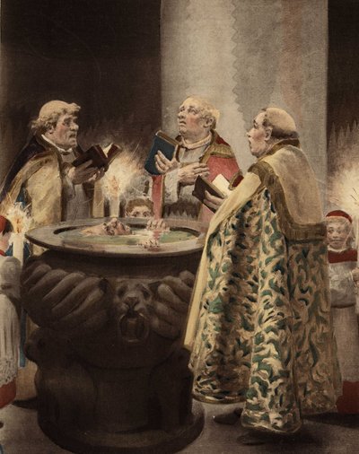 I ett kapell omger tre präster en benitier i vilken en man är nedsänkt. Pantagruel. Illustration av Jules Garnier. I "Rabelais et l