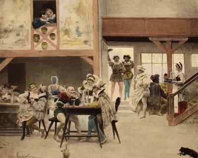 Inne på ett vandrarhem i Chinon. Pantagruel och Panurge på mellanlandningen. Pantagruel. llustration av Jules Garnier. I "Rabelais et l