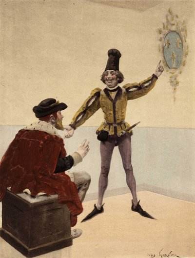 Englands kung Edouart (Edward) V, på sin toalett, tittar på Frankrikes vapensköld som hans läkare visar honom. Pantagruel. illustration av Jules Garnier. I "Rabelais et l