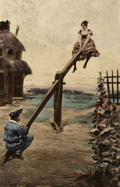 Man och kvinna spelar bacule (toggle). Gargantua. Illustration av Jules Garnier. I "Rabelais och Jules Garniers verk" av Jules Arsene Garnier