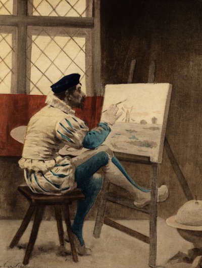 Man sitter framför sin målarduk. Gargantua. Illustration av Jules Garnier. I "Rabelais et l