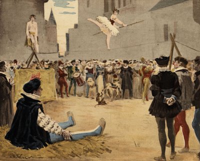 Musikanter och funambler uppträder på gatan under Gargantuas (sittande, vänster) blick. Gargantua. illustration av Jules Garnier. I "Rabelais och Jules Garniers verk" av Jules Arsene Garnier