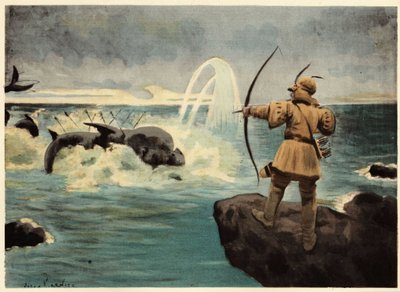 Pantagruel dödar havsmonstret Physetere med pilar. Pantagruel. illustration av Jules Garnier. I "Rabelais et l