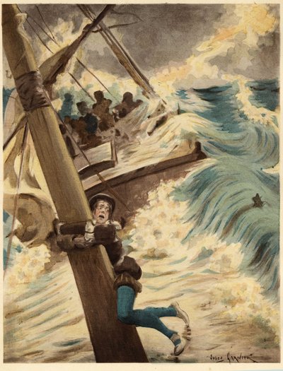 Panurge hänger på en båts matta under en sjöstorm. Pantagruel. illustration av Jules Garnier. I "Rabelais et l