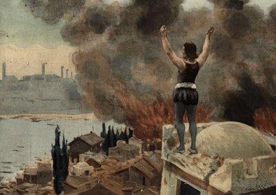 Panurge tittar på Mytilene (Turkiet) som brinner. Pantagruel. Illustration av Jules Garnier. I "Rabelais et l