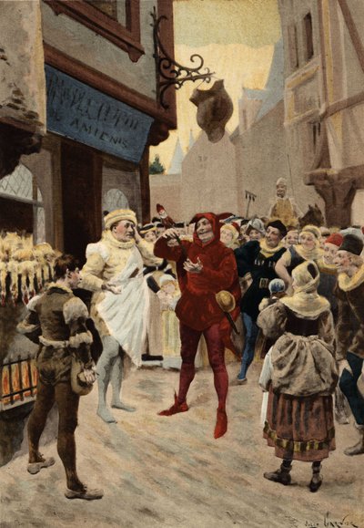 Paris, Roustissoir (rotisseri) på Peer Chatelet. Konflikt mellan en anställd och en man som anklagas för att inte ha betalat för sin måltid. Pantagruel. illustration av Jules Garnier. I "Rabelais och Jules Garniers verk" av Jules Arsene Garnier
