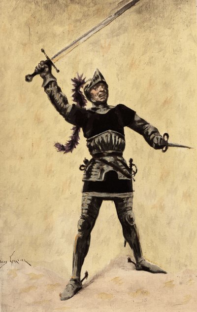 Picrochole, kung av Lerne, iförd rustning och viftande med sitt svärd. Gargantua. illustration av Jules Garnier. I "Rabelais och Jules Garniers verk" av Jules Arsene Garnier