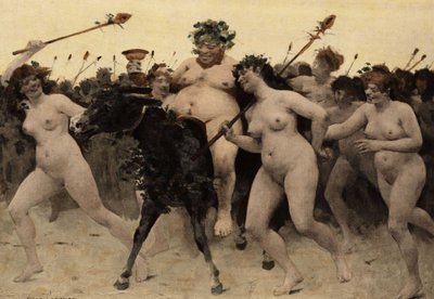 Sileneus (Silene) på en åsna leder Bacchus (Dionysos, Bacco) armé under striden mellan Bacchus (Dyonisos, Bacco) och indianerna. Mosaik i flaskans tempel. Pantagruel. llustration av Jules Garnier. I "Rabelais et l