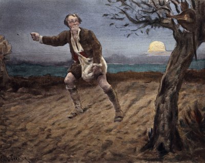 Djävulen, sittande i ett träd, pratar med en bonde som sår hund. Pantagruel. Illustration av Jules Garnier. I "Rabelais et l