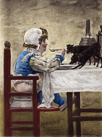 Grandbuckthorns hundar, Gargantuas far, äter på Gargantuas tallrik. Gargantua. Illustration av Jules Garnier. I "Rabelais och Jules Garniers verk" av Jules Arsene Garnier