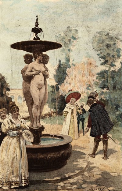 Fontänen i klostret i Theleme, de tre gracerna. Gargantua. llustration av Jules Garnier. I "Rabelais et l