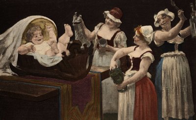 Hushållerskorna i Gargantua roar barnet genom att föra oväsen med glas och flaskor. Gargantua. Illustration av Jules Garnier. I "Rabelais et l