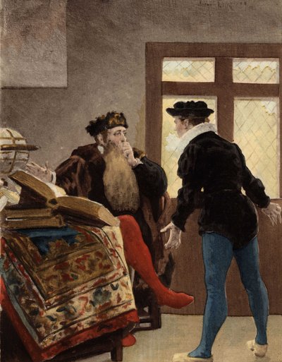 Filosofen Trouillogan och Panurge diskuterar Panurges giftermål. Pantagruel. Illustration av Jules Garnier. I "Rabelais och Jules Garniers verk". av Jules Arsene Garnier