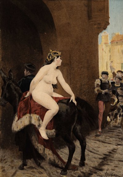 Hustrun till kejsaren av Milano, Federic (Frederic) Barberossa, jagas ut ur staden av Milanos invånare. Hon rider på mulan Thacor. Pantagruel. illustration av Jules Garnier. I "Rabelais et l