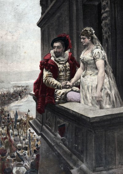 Unga gifta män tittar på soldater som drar ut i krig. Pantagruel. Illustration av Jules Garnier. I "Rabelais och Jules Garniers verk" av Jules Arsene Garnier