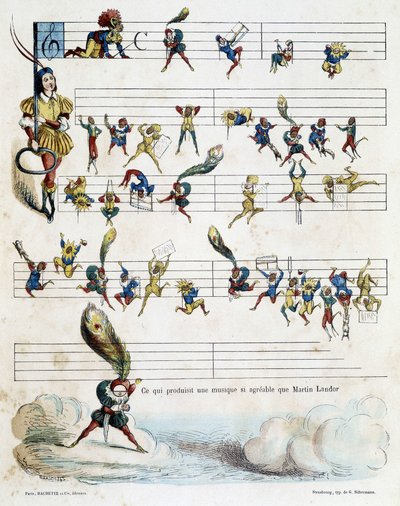 Noter av musik på ett partitur, teckning av Baric från 1862 för att illustrera Kroknotskis barnbok som berättar historien om Martin Landor. av Jules Baric