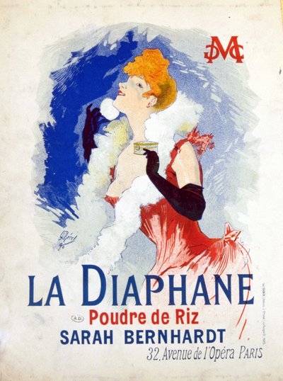 Reklam för "" La Diaphane: Rice Powder""" Henriette Rosine Bernard dit Sarah Bernhardt av Jules Cheret