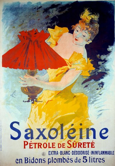 Reklamaffisch för produkten "Saxoleine Petrole de surete"": En kvinna lägger olja i en lampa. Affischreklam "Saxoleine", säkerhetslampolja av Jules Cheret (1836-1932) av Jules Cheret