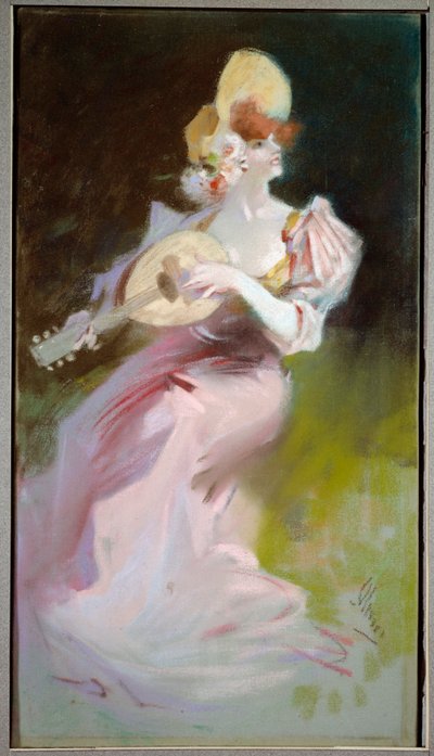 Kvinnan med en mandolin Målning av Jules Cheret (1836-1932) 1900-talets Chalons sur Marne, Museum of Fine Arts. av Jules Cheret