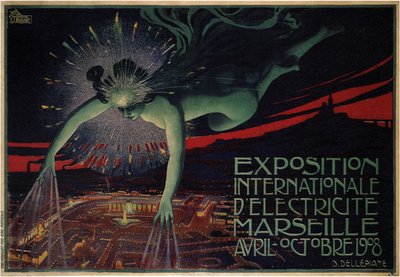 Affisch gjord för den internationella utställningen av elektricitet 1908 av Jules Cheret