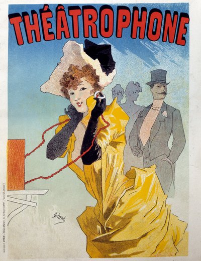 Affisch för teatrofonen: en ung elegant lyssnar på ett teaterstycke för lyssnarna. Illustration av Jules Cheret (1836-1932) 1800-talets Paris, dekorativ konst av Jules Cheret