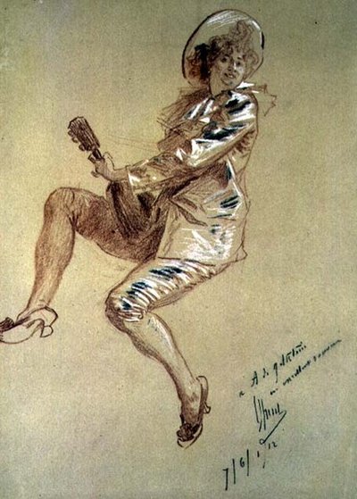 Sittande Pierrette och spelar mandolin av Jules Cheret