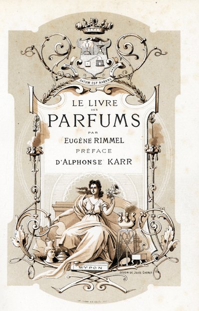 Titelsida med ett vapen och en kvinna som håller en ros, sittande på en trone - Illustration av Jules Cheret (1836-1932) från Le Livre des Parfums av Eugene Rimmel (1820-1887), Frankrike av Jules Cheret