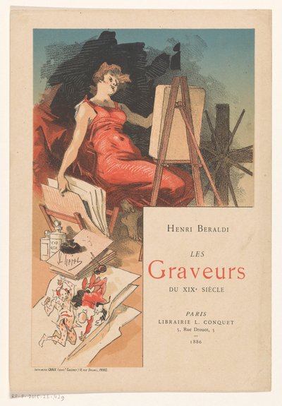 Kvinna omgiven av en tryckares verktyg och material av Jules Cheret