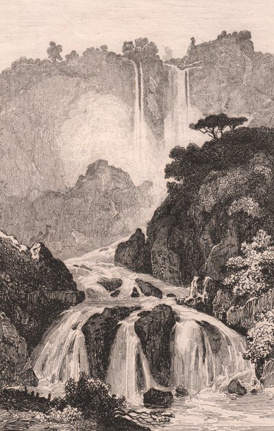 Vy över Marmores fall (Cascata delle Marmore) nära Terni, Umbrien, Italien, stålstick efter teckning av Jules Coignet (1798-1860), cirka 14x20 cm av Jules Coignet