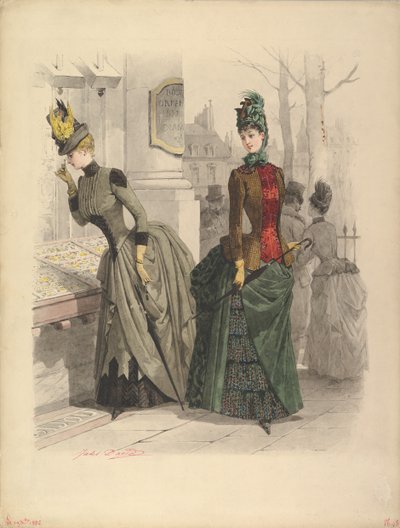 Two Women in Day Dresses: Förberedande teckning för en modetallrik från..., 19 oktober 1886. av Jules David