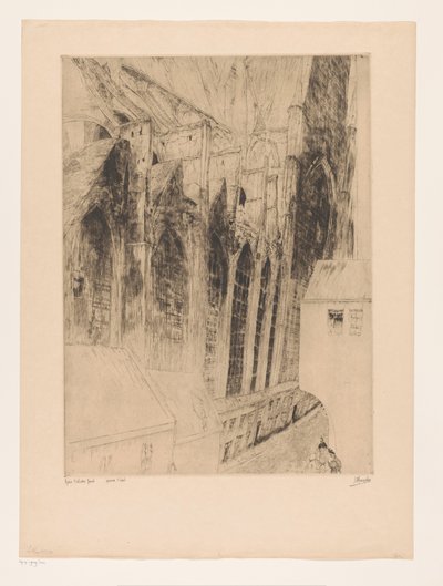 Vy över sidofasaden av Sint-Niklaaskerk i Gent Eglise St Nicolas Gand (titel på objekt) Rue du Chapeau Rouge a Gand av Jules De Bruycker (signed by artist)