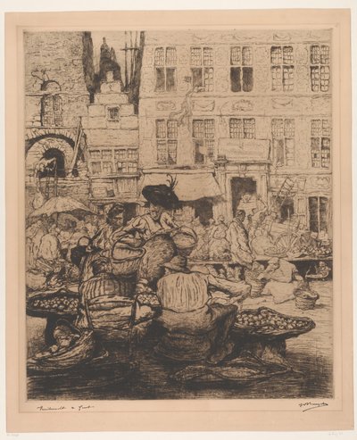 Stadsbild med fruktmarknad i Gent Fruktmarknad i Gent (titel på objekt) av Jules De Bruycker (signed by artist)
