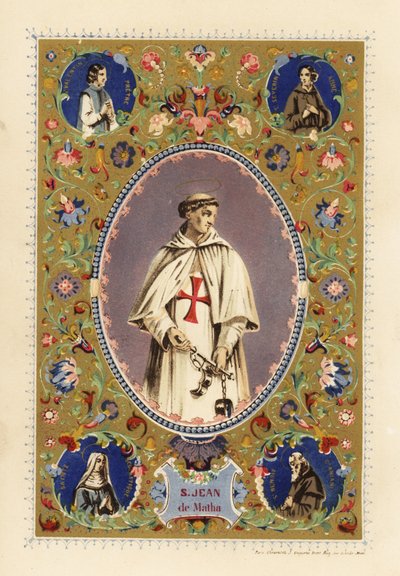 Porträtt av Sankt Johannes av Matha, grundare av Orden av den allra heligaste treenighet, med gloria, i korsfararkläder, med bojor av befriade kristna av Jules Desportes