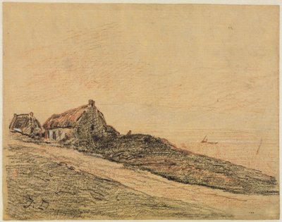 Kustlandskap nära Cayeux med två hyddor av Jules Dupré