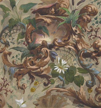 Design för tapeter med snäckor, näckrosor och stjärtar, 1830-97. Skapare: Jules-Edmond-Charles Lachaise, Eugène-Pierre Gourdet. av Jules Edmond Charles Lachaise and Eugène Pierre Gourdet