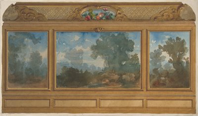 Förhöjning av en panelklädd interiör dekorerad med målade landskap och vikar med..., 1830-97. Skapare: Jules-Edmond-Charles Lachaise, Eugène-Pierre Gourdet. av Jules Edmond Charles Lachaise and Eugène Pierre Gourdet