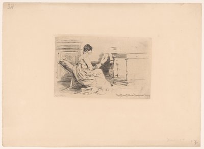 Kvinna med fläkt i låg stol av Jules Ferdinand Jacquemart (attributed to)