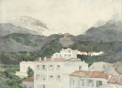 Hus på landet vid foten av bergen, höga berg framför, La Turbie av Jules Ferdinand Jacquemart