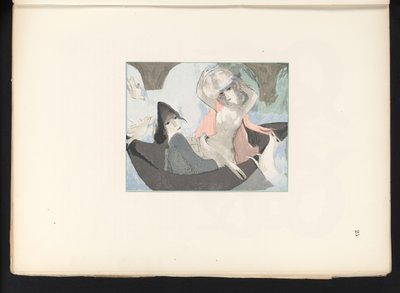 Två kvinnofigurer med fåglar och en hund av Jules Germain